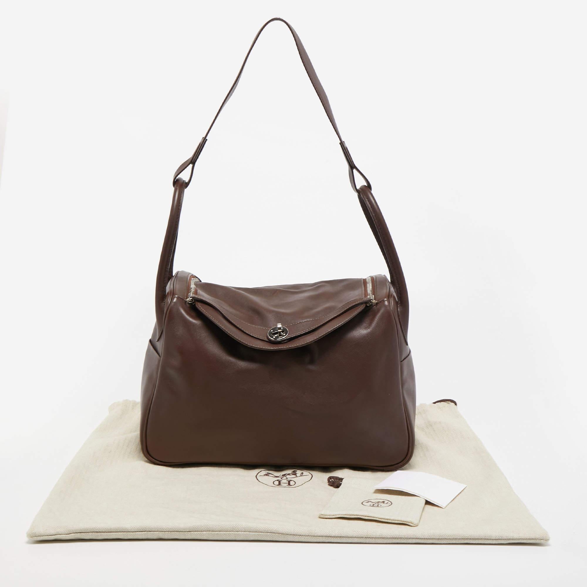 Hermes Chocolate Swift Leather Palladium Finish Lindy 34 Bag For Sale 14