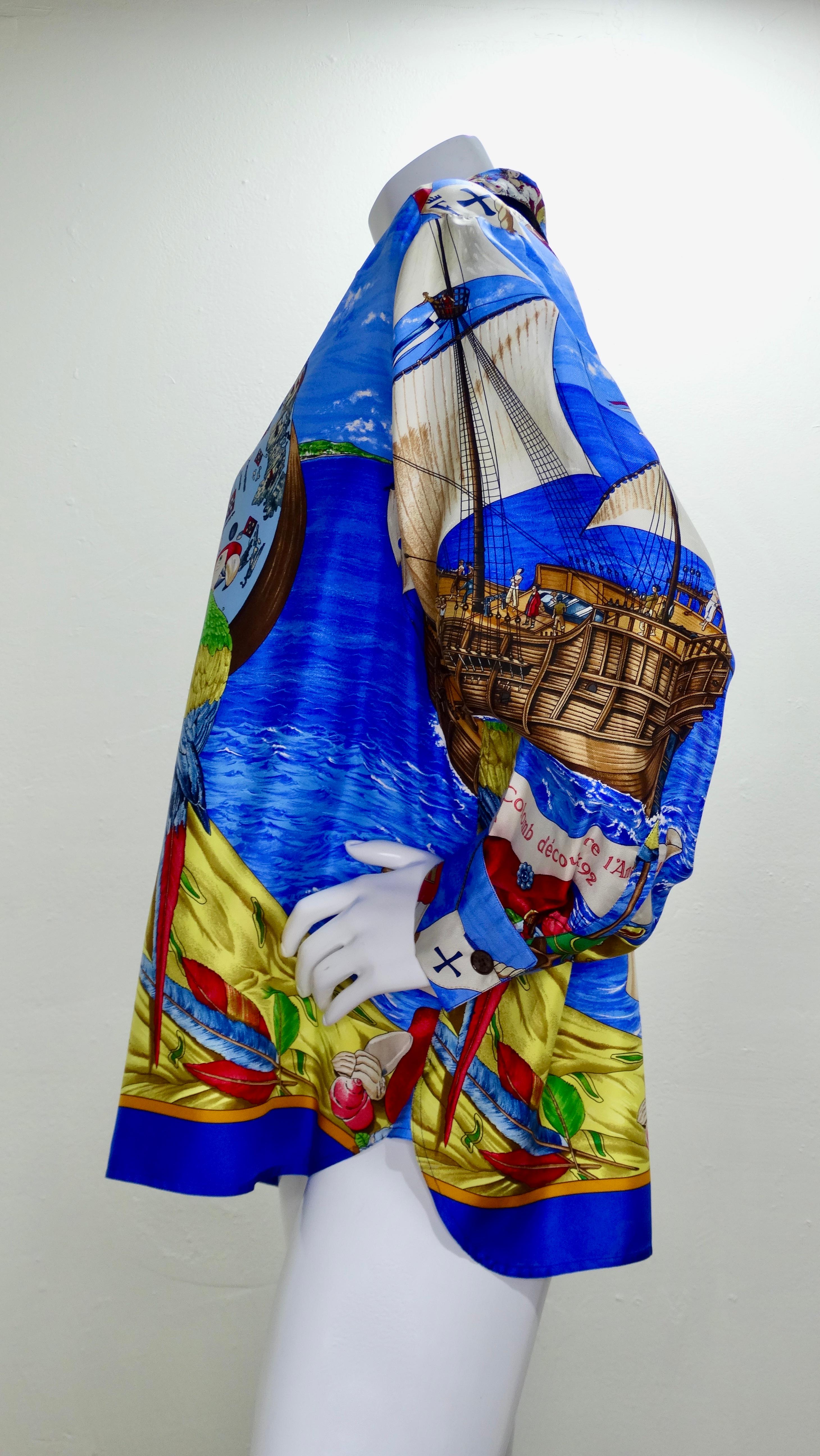 Complete your Hermes collection with this amazing and rare piece! Circa 1992 designed by Carl de Parcevaux, this design is titled 'Christophe Colomb Decouvre l’Amerique' or Christopher Columbus Discovers America. It features a colorful motif