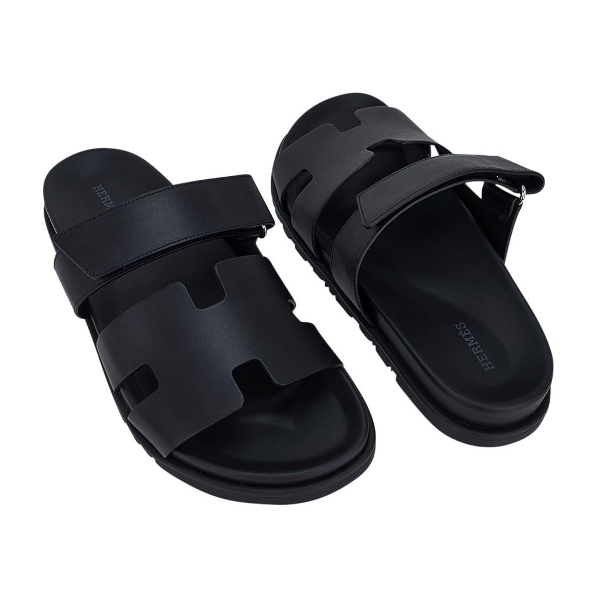 Hermes Chypre Black Calfskin Leather Sandal 42 For Sale 1