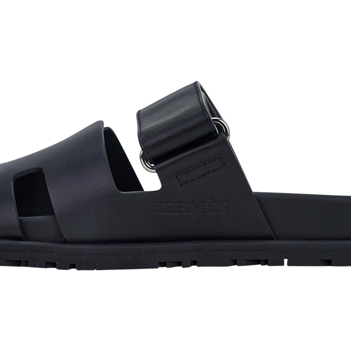 Hermes Chypre Black Calfskin Leather Sandal 42 For Sale 2