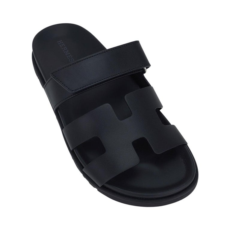 Hermes Chypre Black Calfskin Sandal 37.5 / 7.5 For Sale at 1stDibs