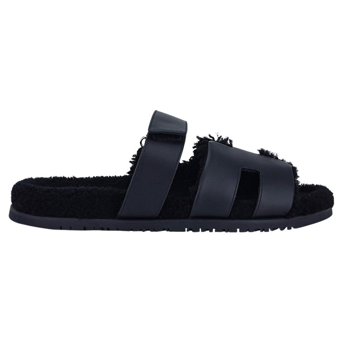 Hermes Chypre Black Woolskin / Shearling Men's Sandal 46 For Sale