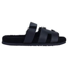 Hermès Chypre Schwarze Herren-Sandalen aus Wolle / Shearling 46