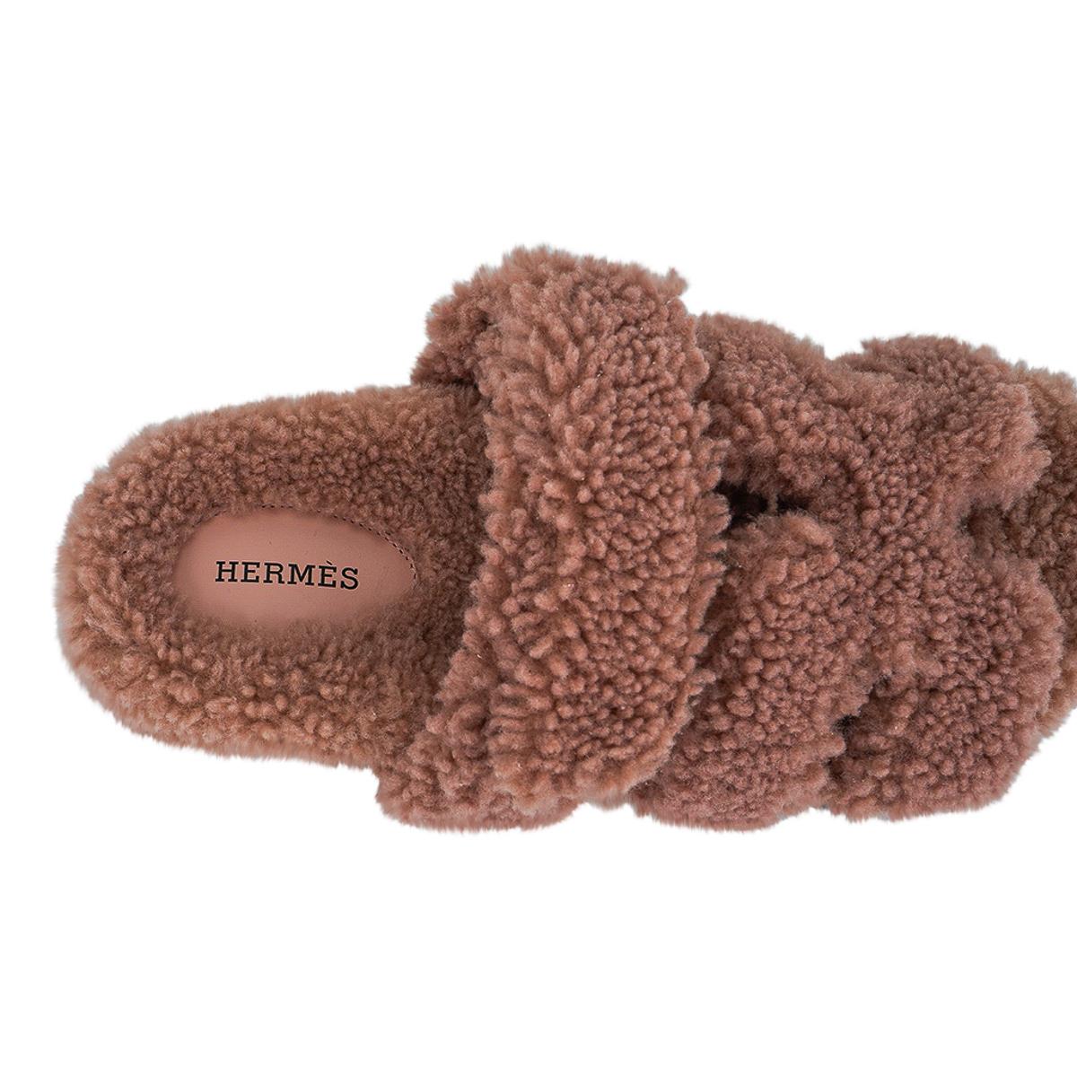 Brown Hermes Chypre Bois de Santal Woolskin Sandal 39.5 / 9.5 New w/ Box