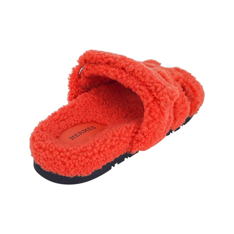 Hermes Chypre Shearling Sandal Orange Woolskin Women's Shoes 38 / 8 For