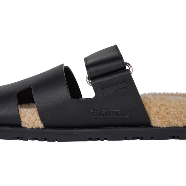 Black Hermes Chypre Veau Indios Woolskin / Calfskin Men's Sandal 43 New w/ Box For Sale