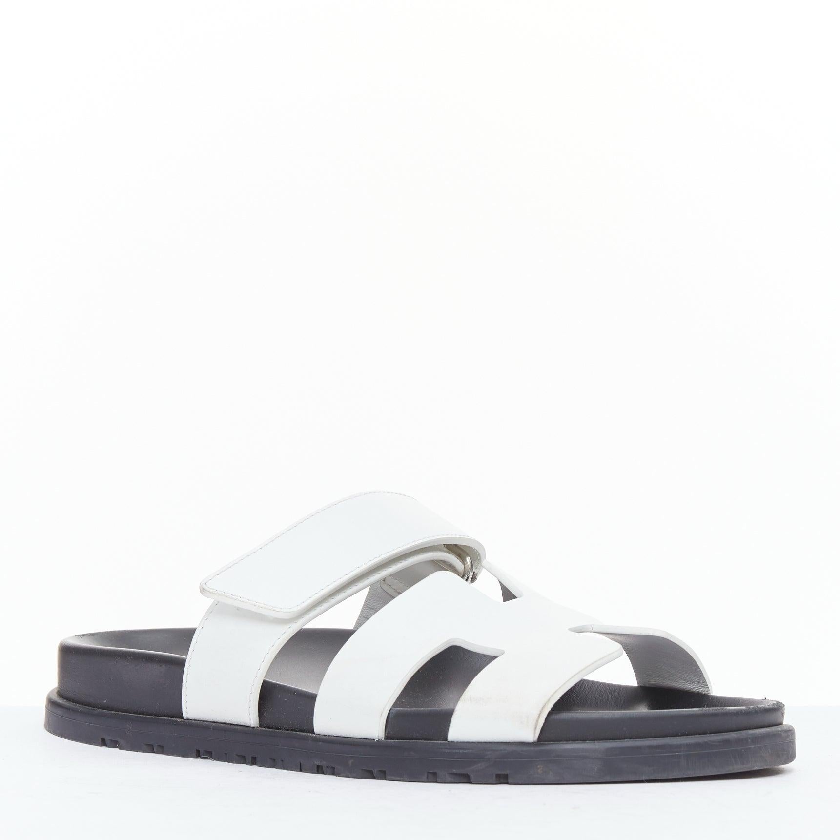 Gray HERMES Chypre white leather H black techno sandals EU37