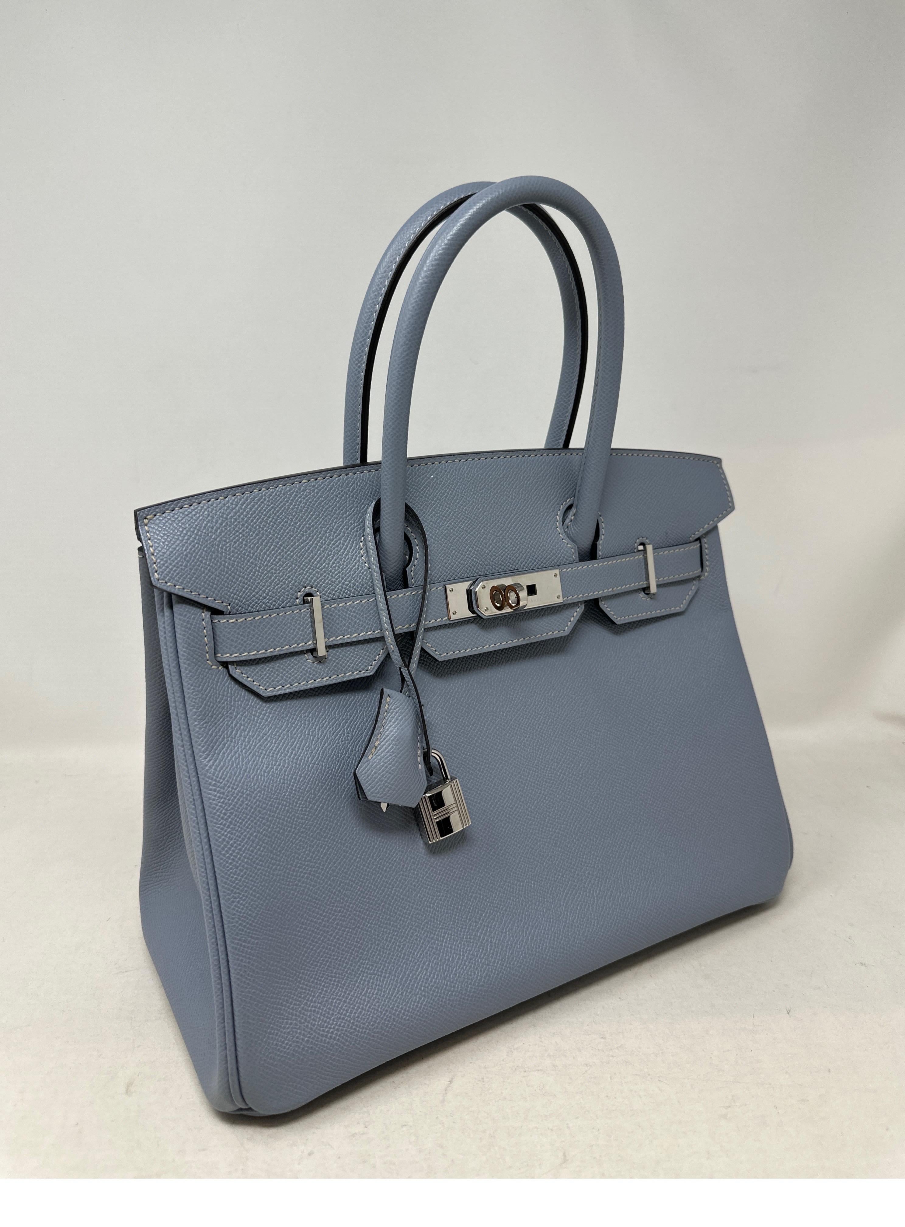 Hermes Ciel Birkin 30 Bag. Beautiful light blue grey color. Epsom leather. Palladium silver hardware. Great condition. Interior clean. Great investment bag. Includes clochette, lock, keys, and dust bag. Guaranteed authentic. 
