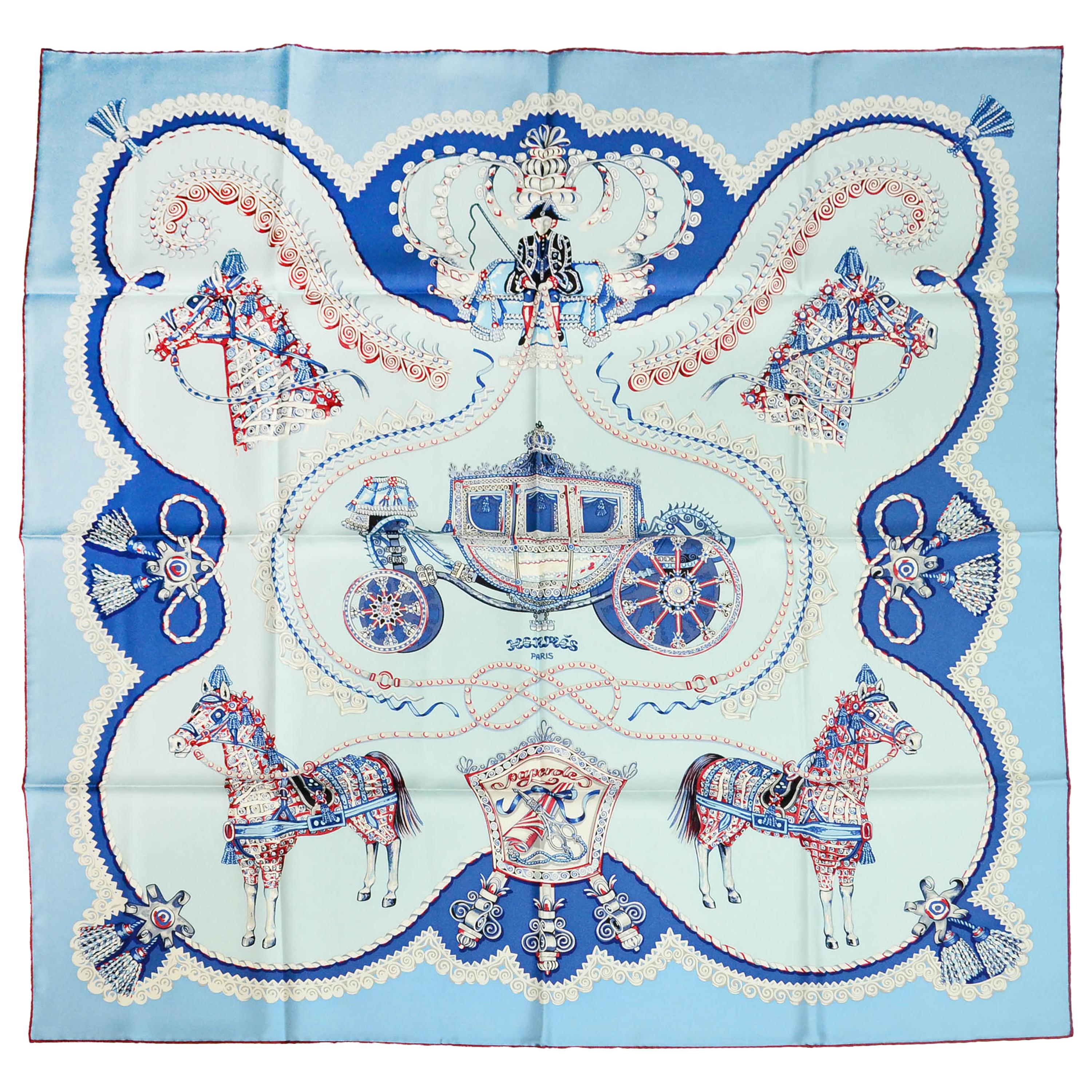 Hermes Ciel/ Blue Glacier/ Bordeaux “Paperoles” 90cm Silk Scarf