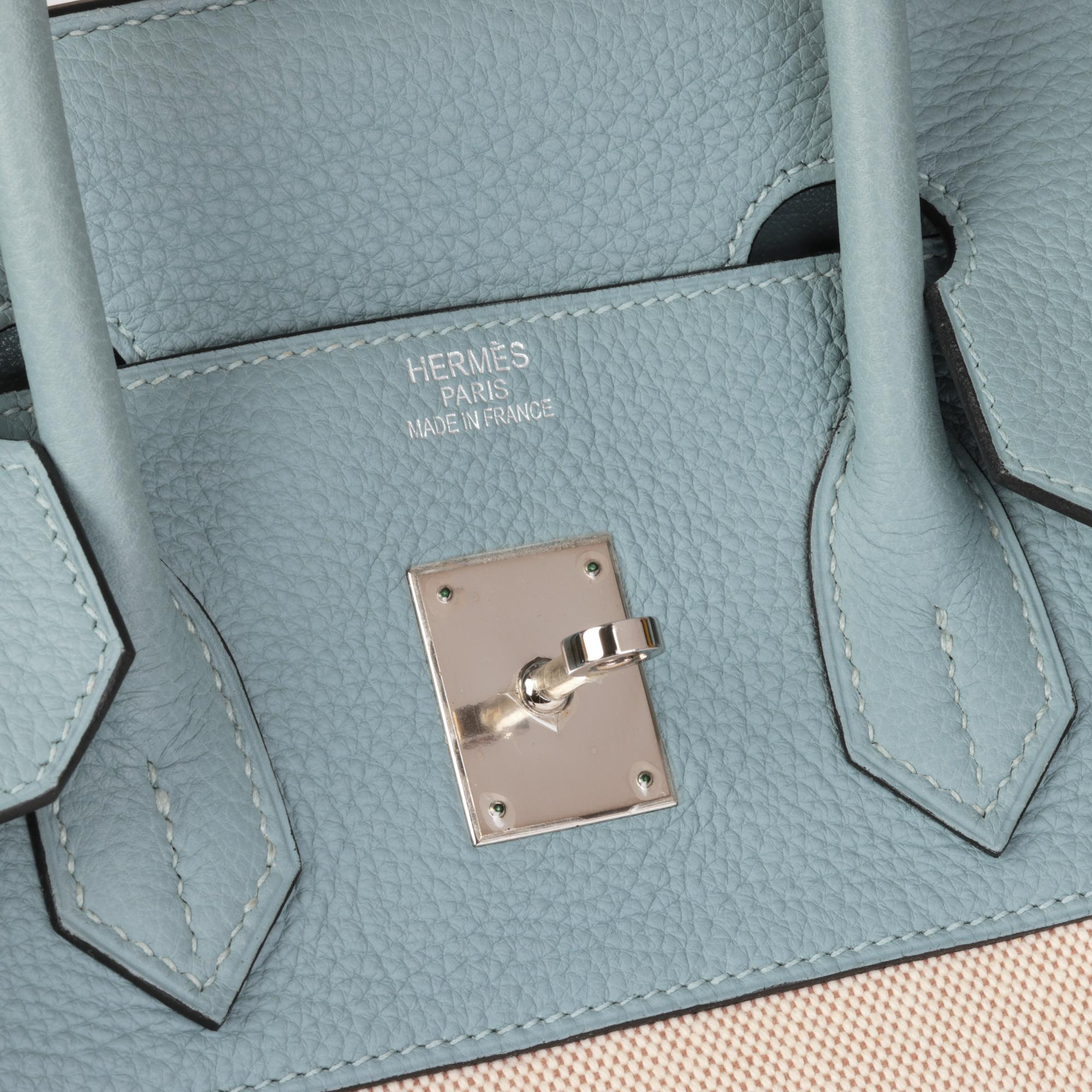 Hermès Ciel Togo Leder & Natürliches Toile-Leinwand Birkin 35cm Retourne im Angebot 5