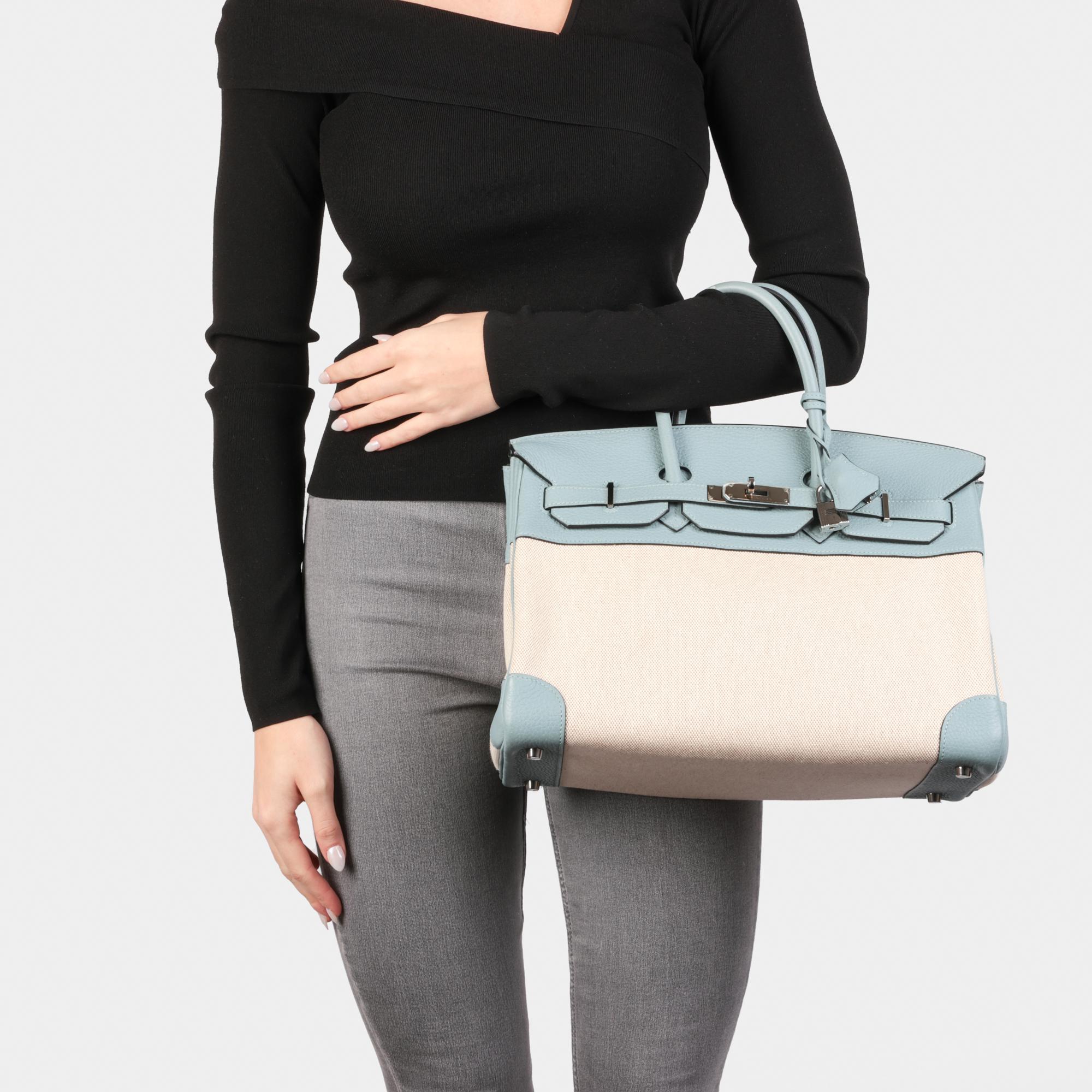 Hermès Ciel Togo Leather & Natural Toile Canvas Birkin 35cm Retourne in vendita 7