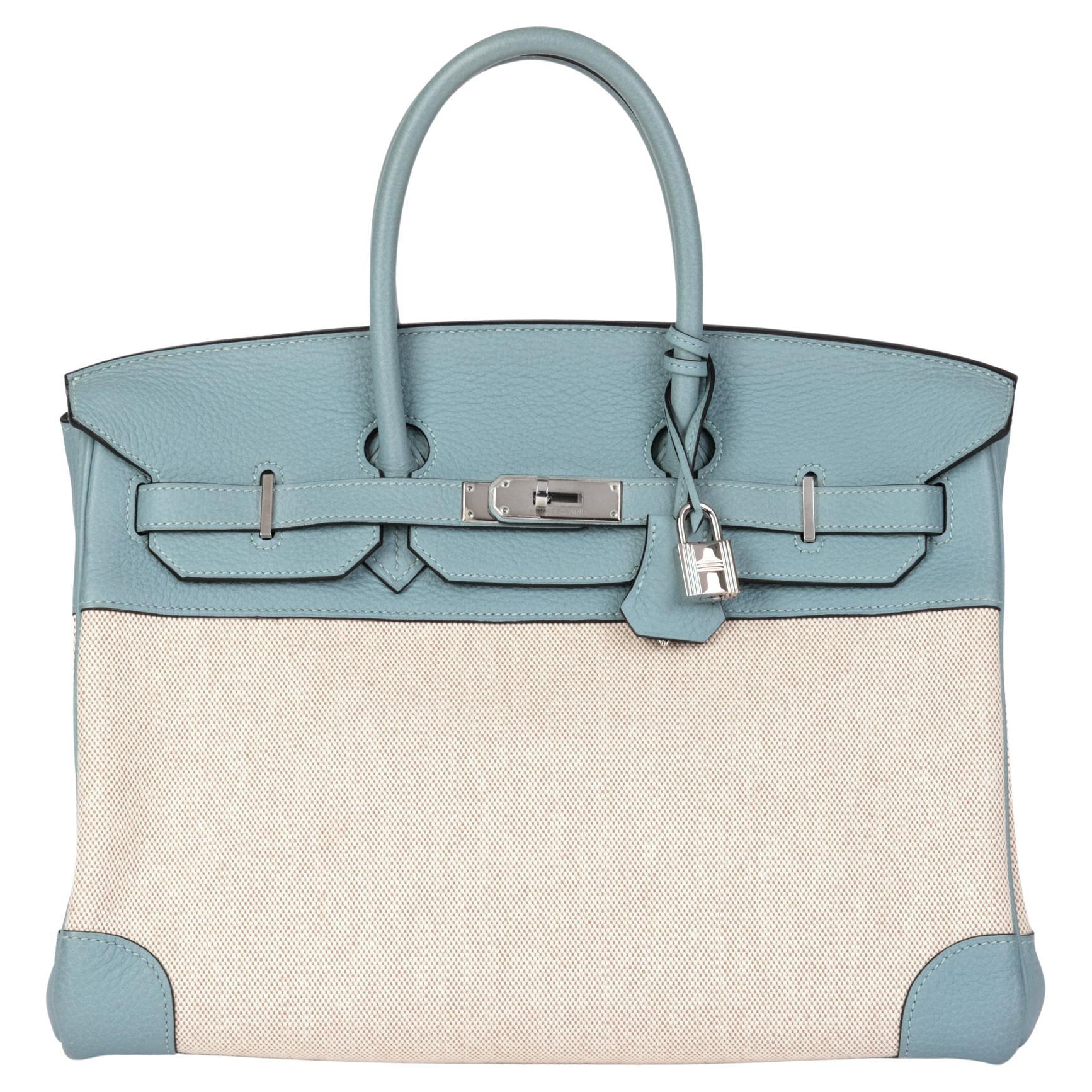 Hermès Ciel Togo Leather & Natural Toile Canvas Birkin 35cm Retourne For Sale