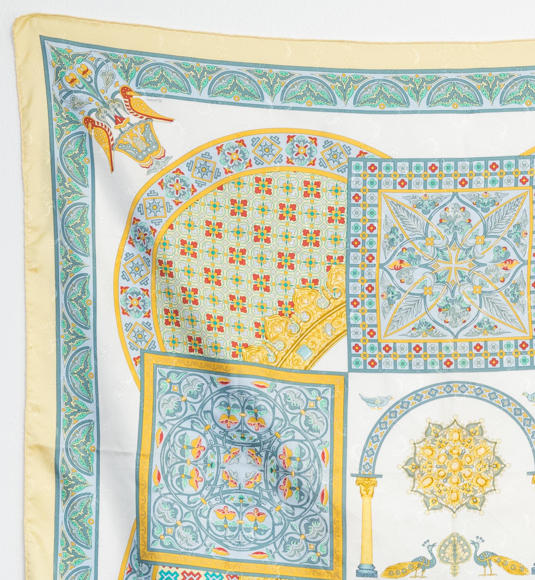 1997 Hermes silk scarf Ciels Byzantins by J.Abadie featuring a jacquard ground, a yellow border and a Hermès signature. 
Circa: 1997
In good vintage condition. Made in France.
35,4in. (90cm)  X 35,4in. (90cm)
We guarantee you will receive this 