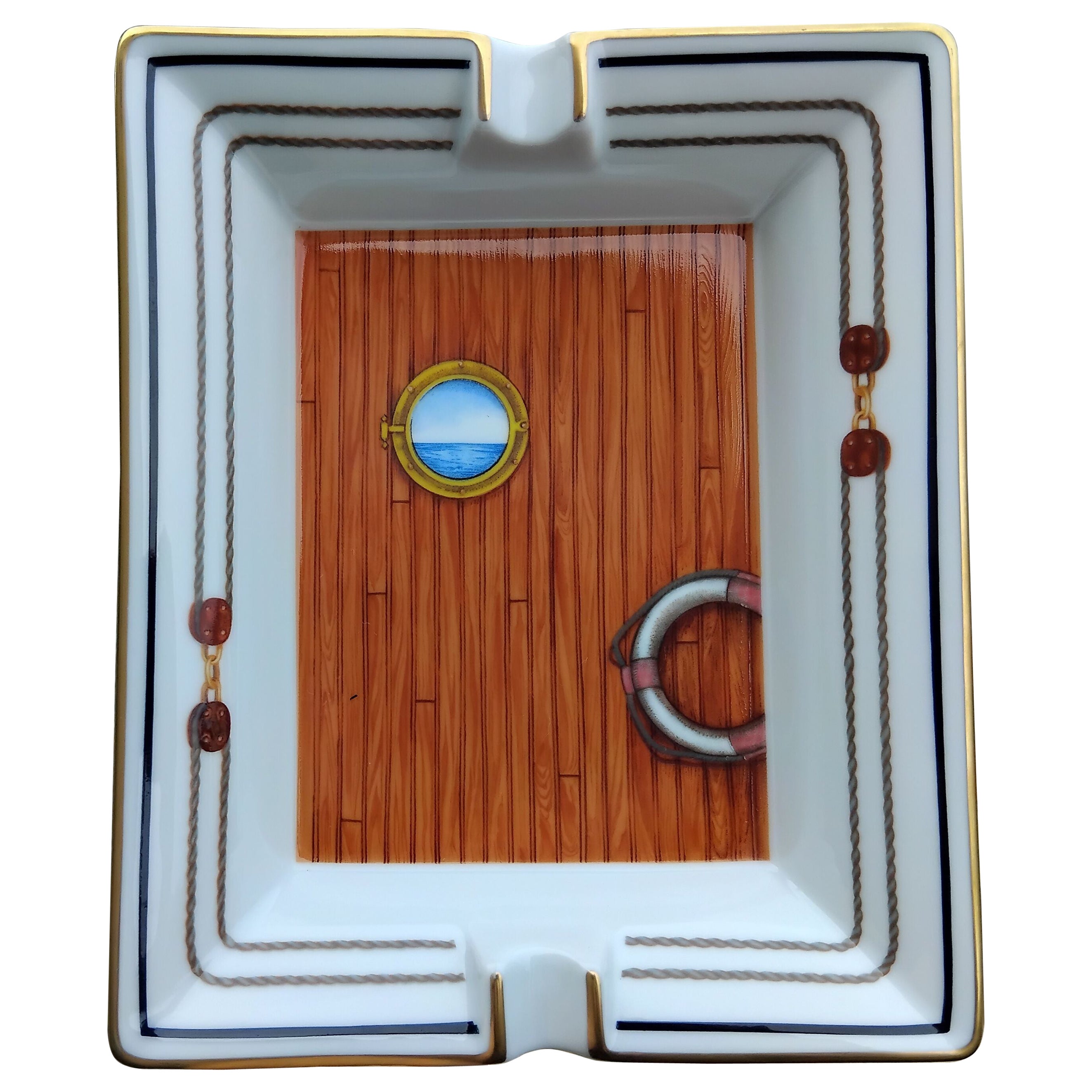 Hermès Cigar Ashtay Yacht Porthole Print Boat Navy Porcelain Gold