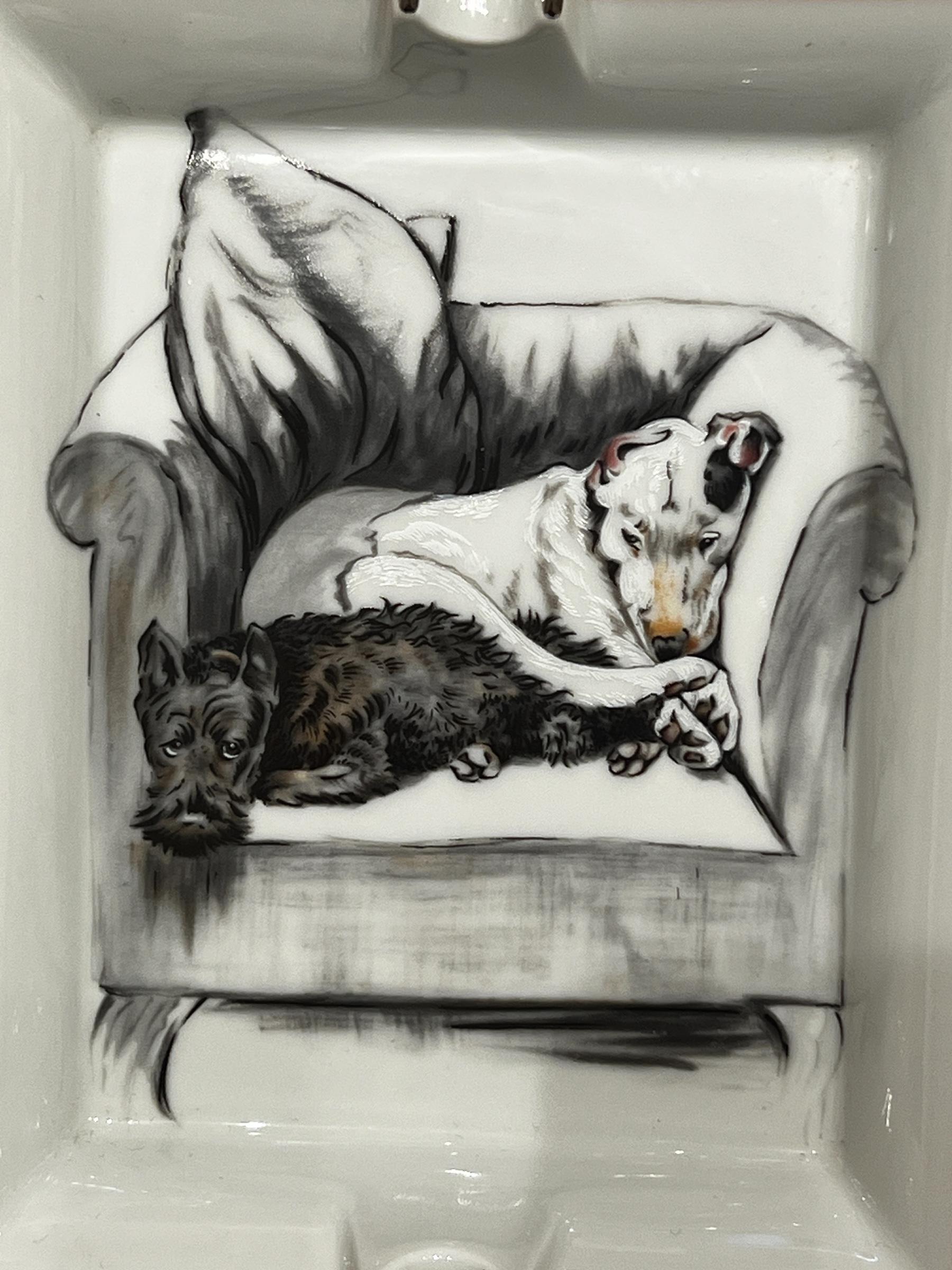 Hermès Cigar Ashtray Change Tray 2 Dogs by Cecil Aldin in Porcelain.  Two dogs napping on chair.  Drawing from Cecil Alden.  Made in France. Gold Edges and Gold Font. Camel Colored Borders. No damages. 