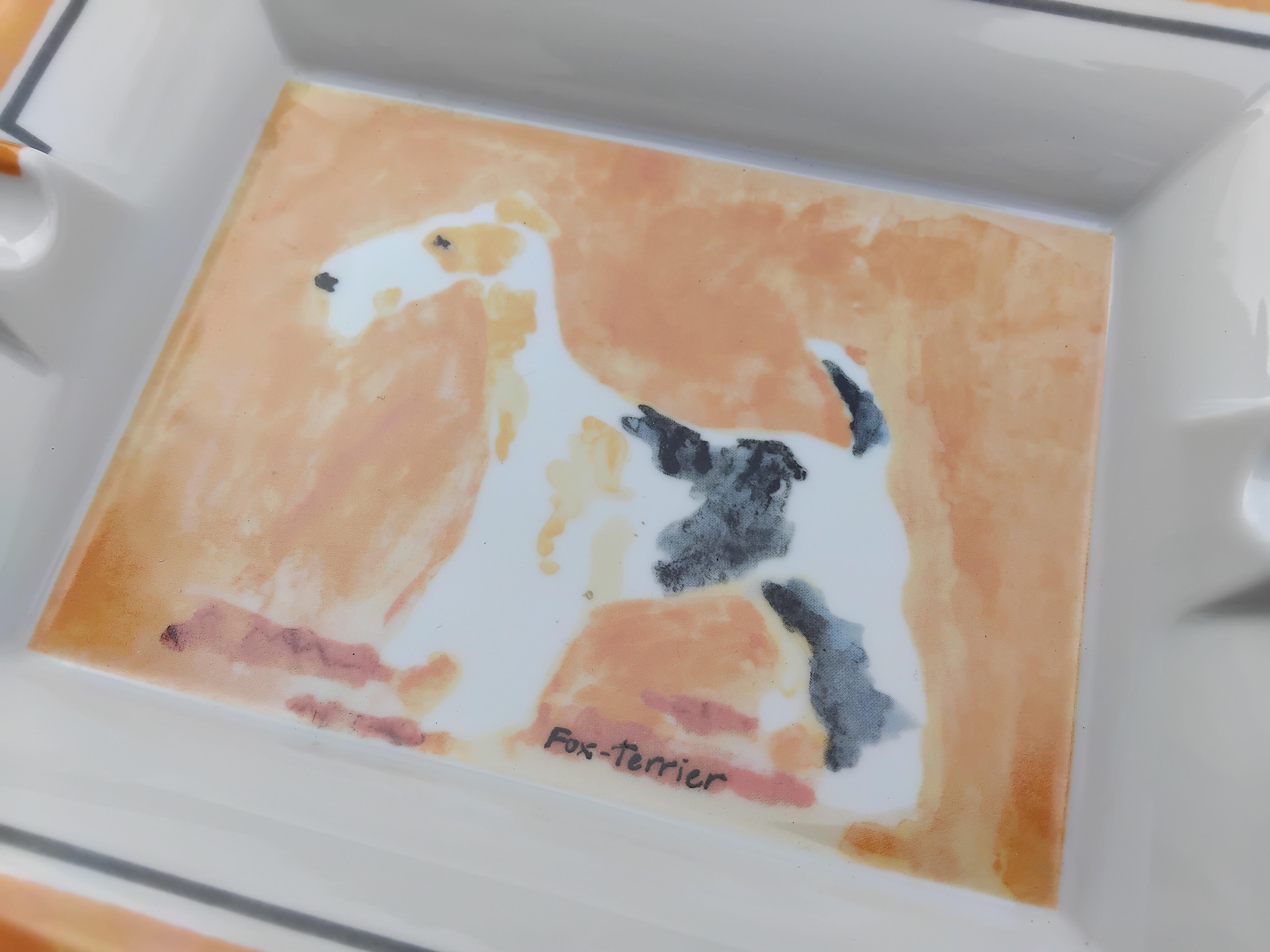 Hermès Zigarren-Aschenbecher Wechselgeld Tablett Foxterrier Hund Porzellan im Angebot 2