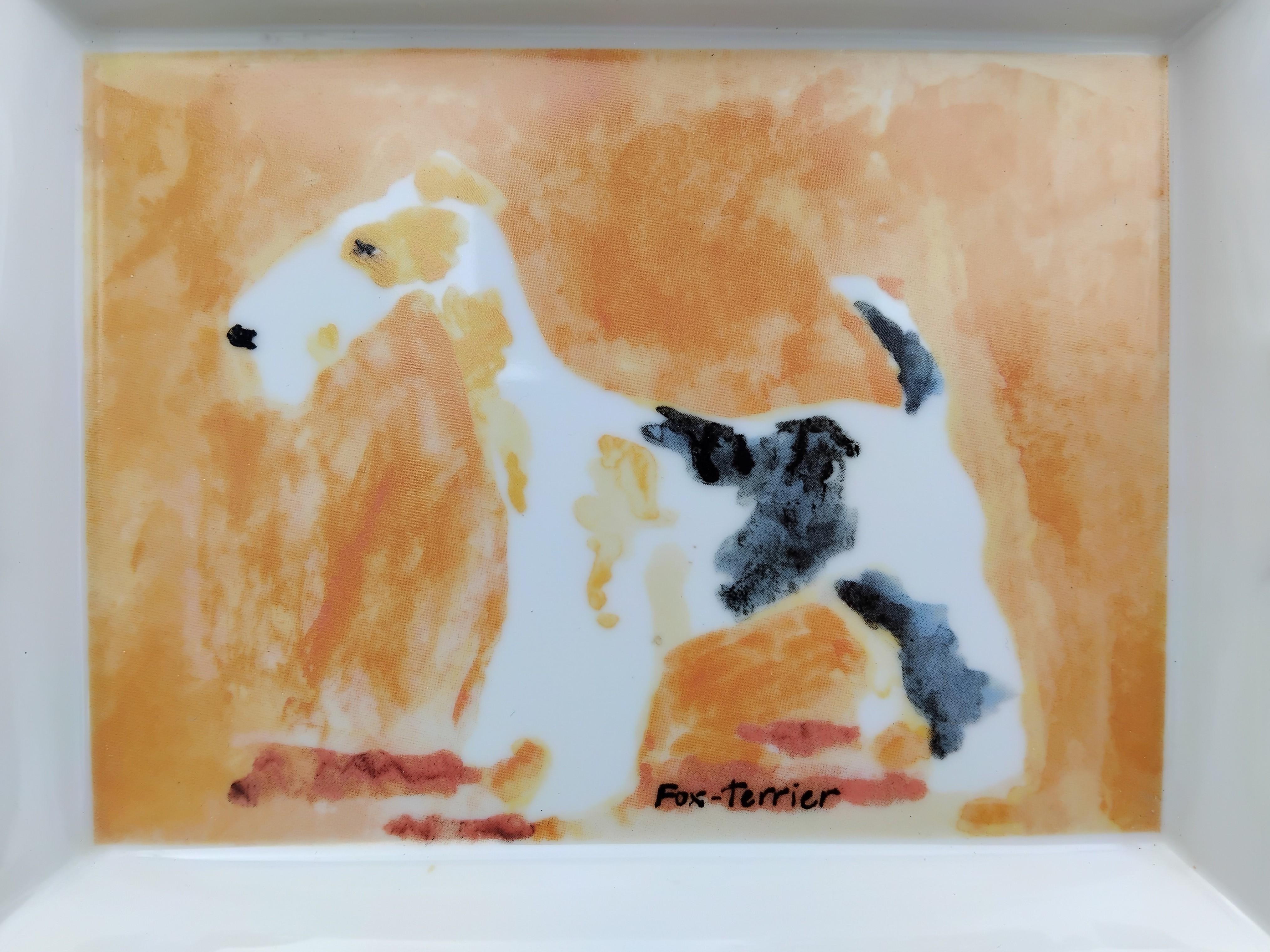 Hermès Zigarren-Aschenbecher Wechselgeld Tablett Foxterrier Hund Porzellan im Angebot 3