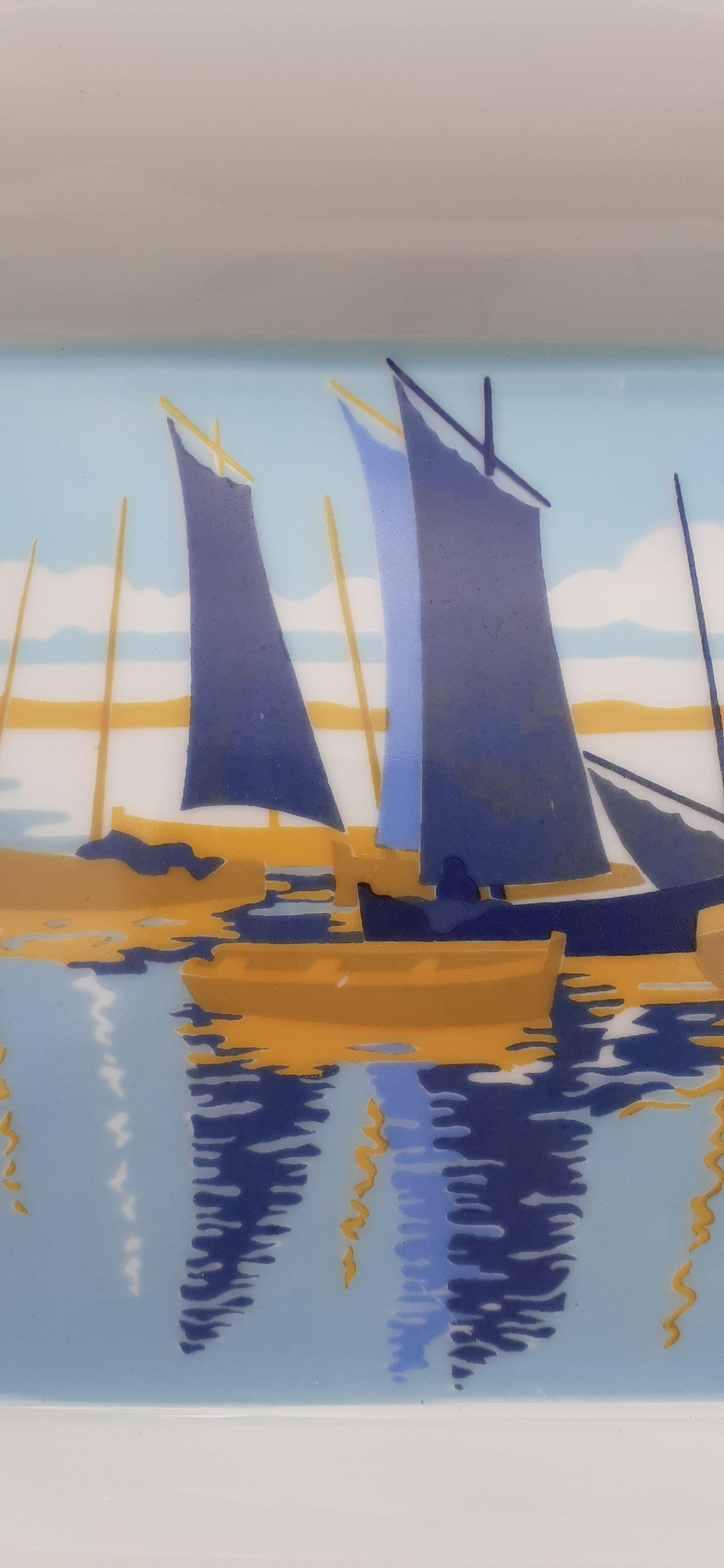 Gray Hermès Cigar Ashtray Change Tray Small Boats Sailing Ships Print in Porcelain