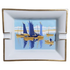 Vintage Hermès Cigar Ashtray Change Tray Small Boats Sailing Ships Print in Porcelain