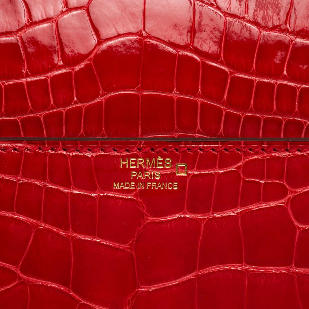 Red Hermes Cinhetic Bag Rouge de Coeur Shiny Alligator Permabrass Hardware New w/Bo 