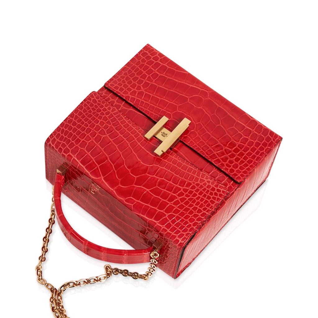 Women's Hermes Cinhetic Bag Rouge de Coeur Shiny Alligator Permabrass Hardware New w/Bo 