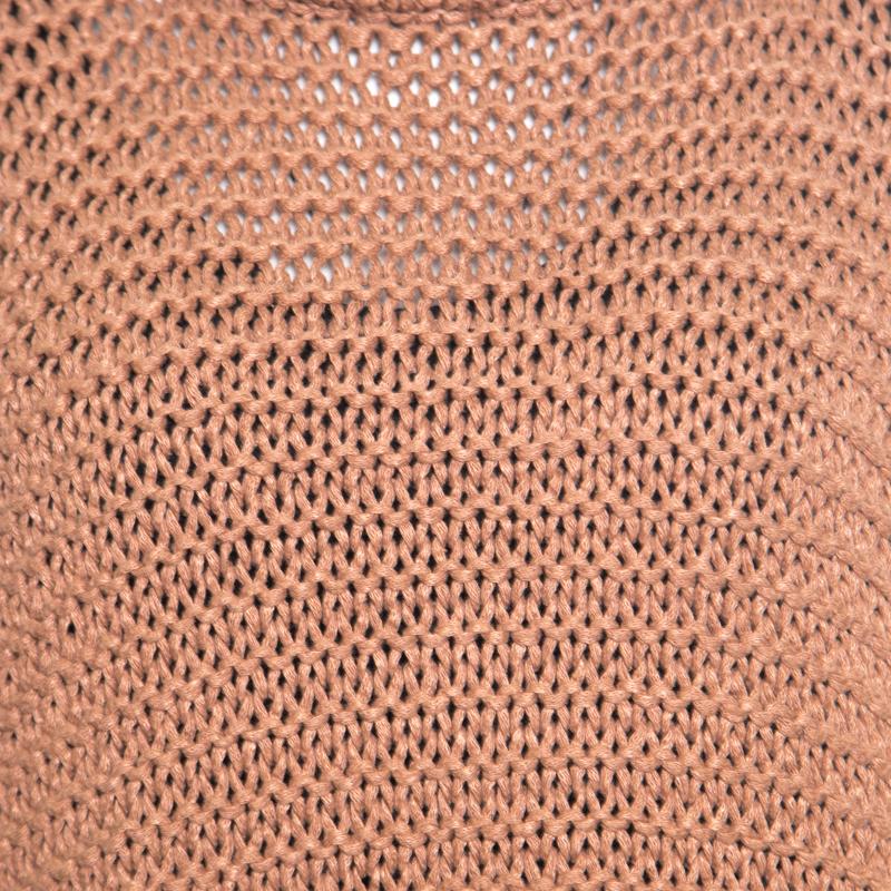 Hermes Cinnamon Brown Chunky Open Knit Linen Batwing Sleeve Sweater L 1