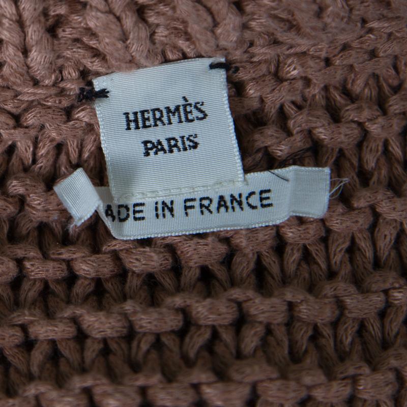 Hermes Cinnamon Brown Chunky Open Knit Linen Batwing Sleeve Sweater L 3