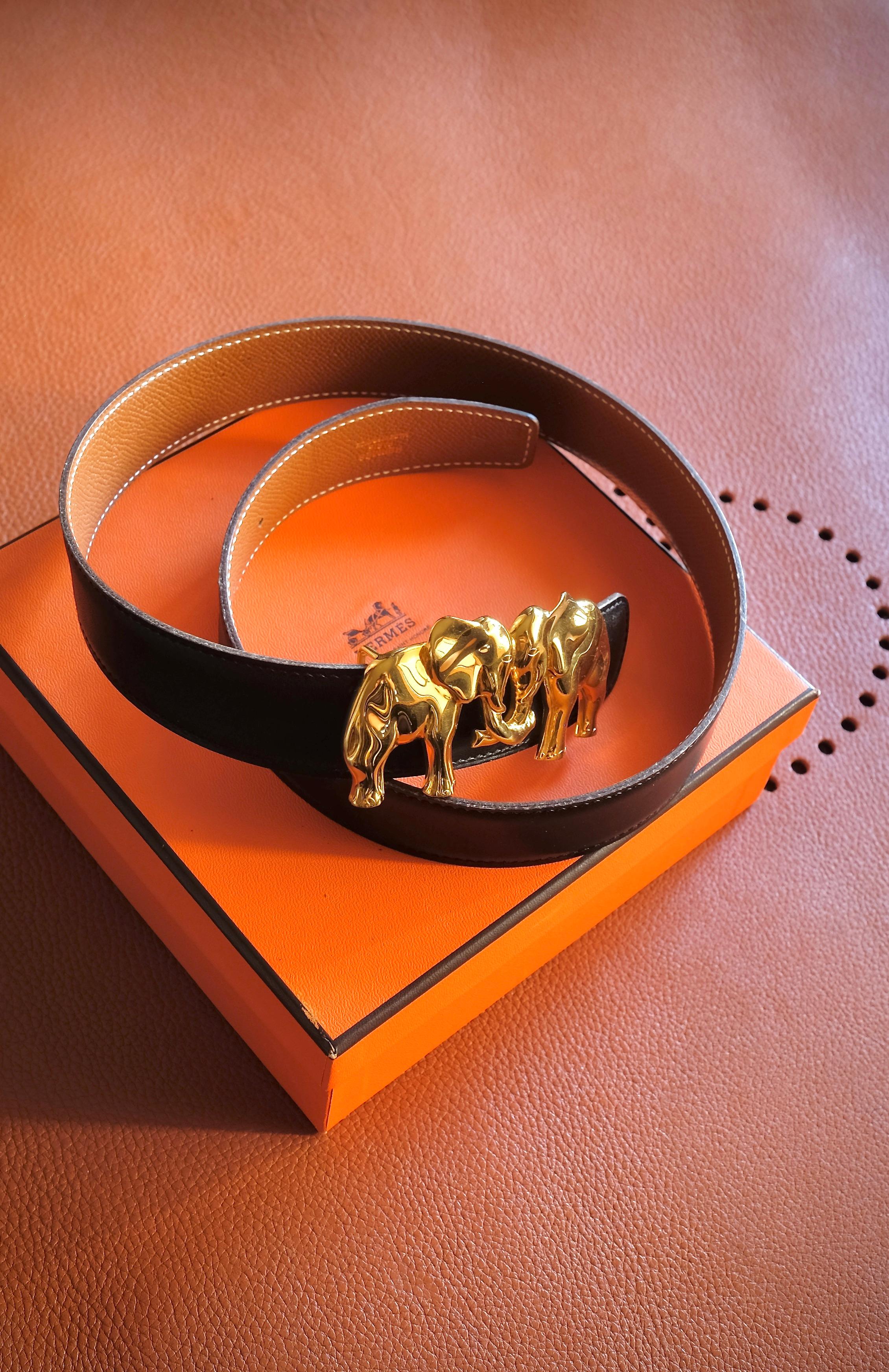 Women's HERMÈS - Limited Edition belt with gold plated bronze Elephants buckle! For Sale