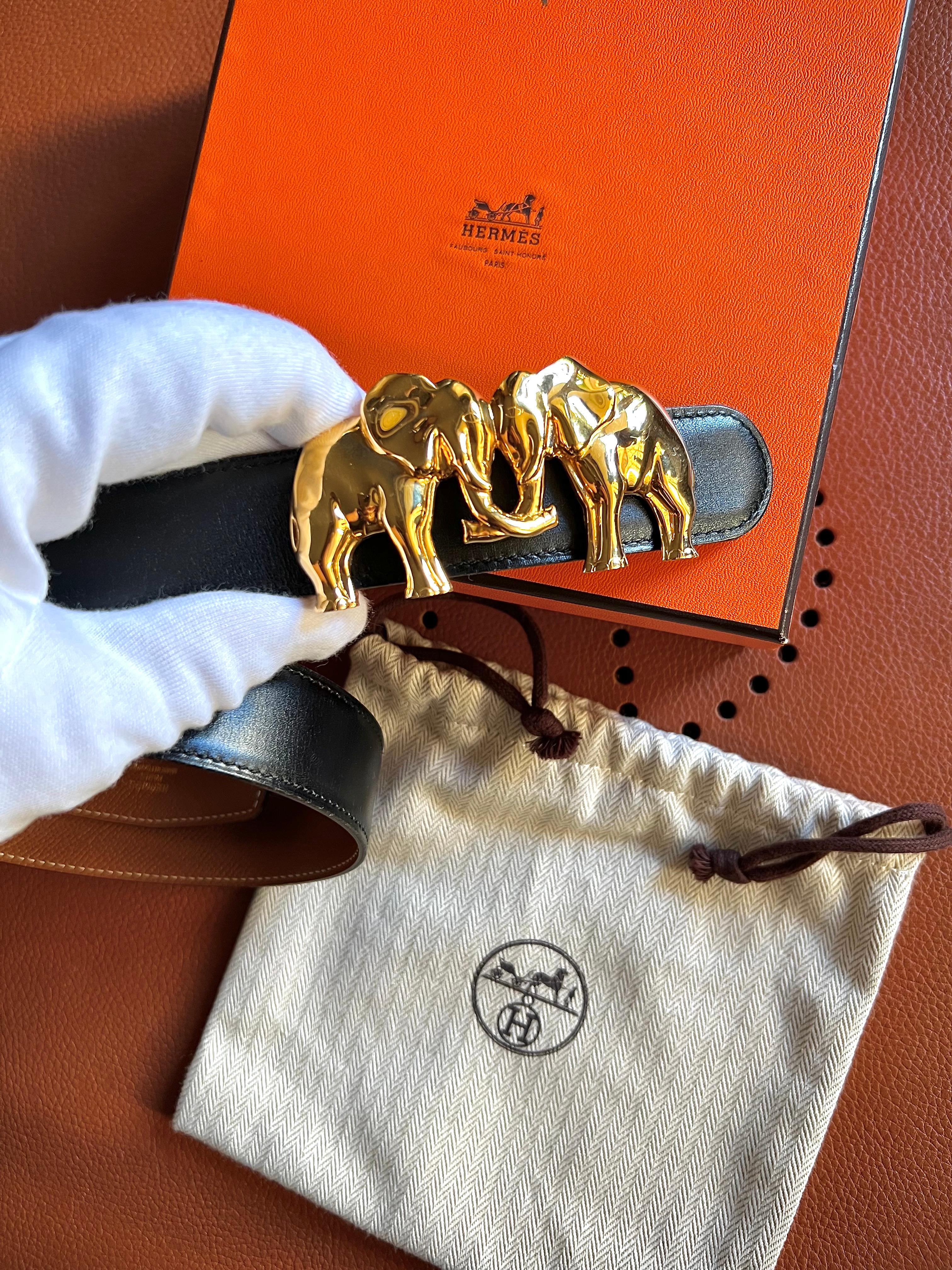 HERMÈS - Limited Edition belt with gold plated bronze Elephants buckle! For Sale 1