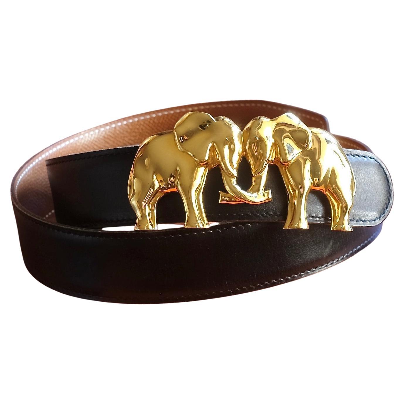HERMÈS - Limited Edition belt with gold plated bronze Elephants buckle! For Sale