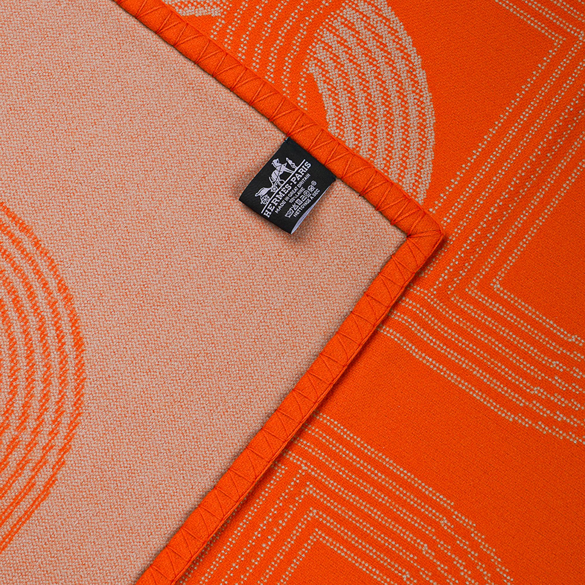 Hermes Circuit 24 Blanket Orange / Blanc Marino Wool New 8