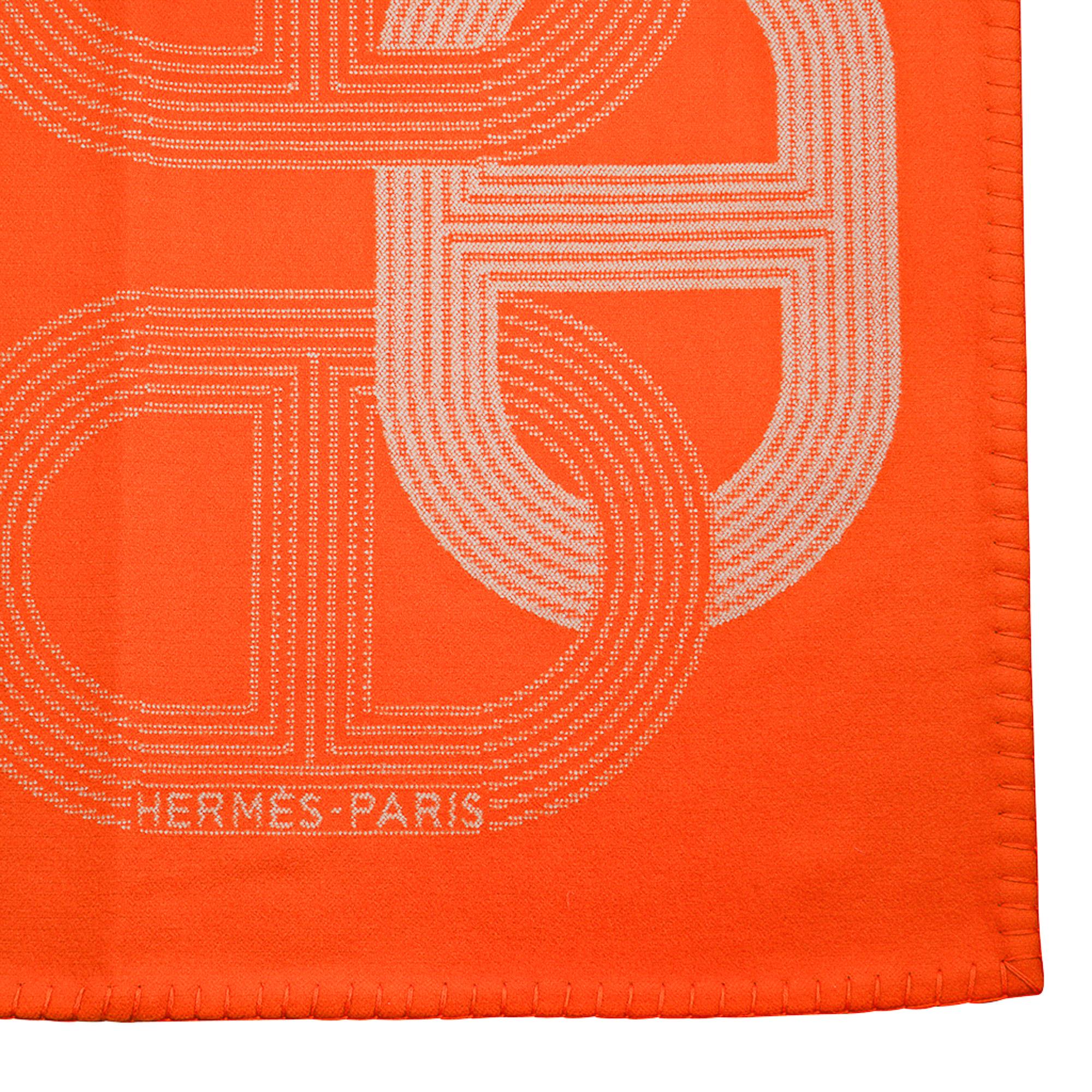 Hermes Circuit 24 Blanket Orange / Blanc Marino Wool New 4