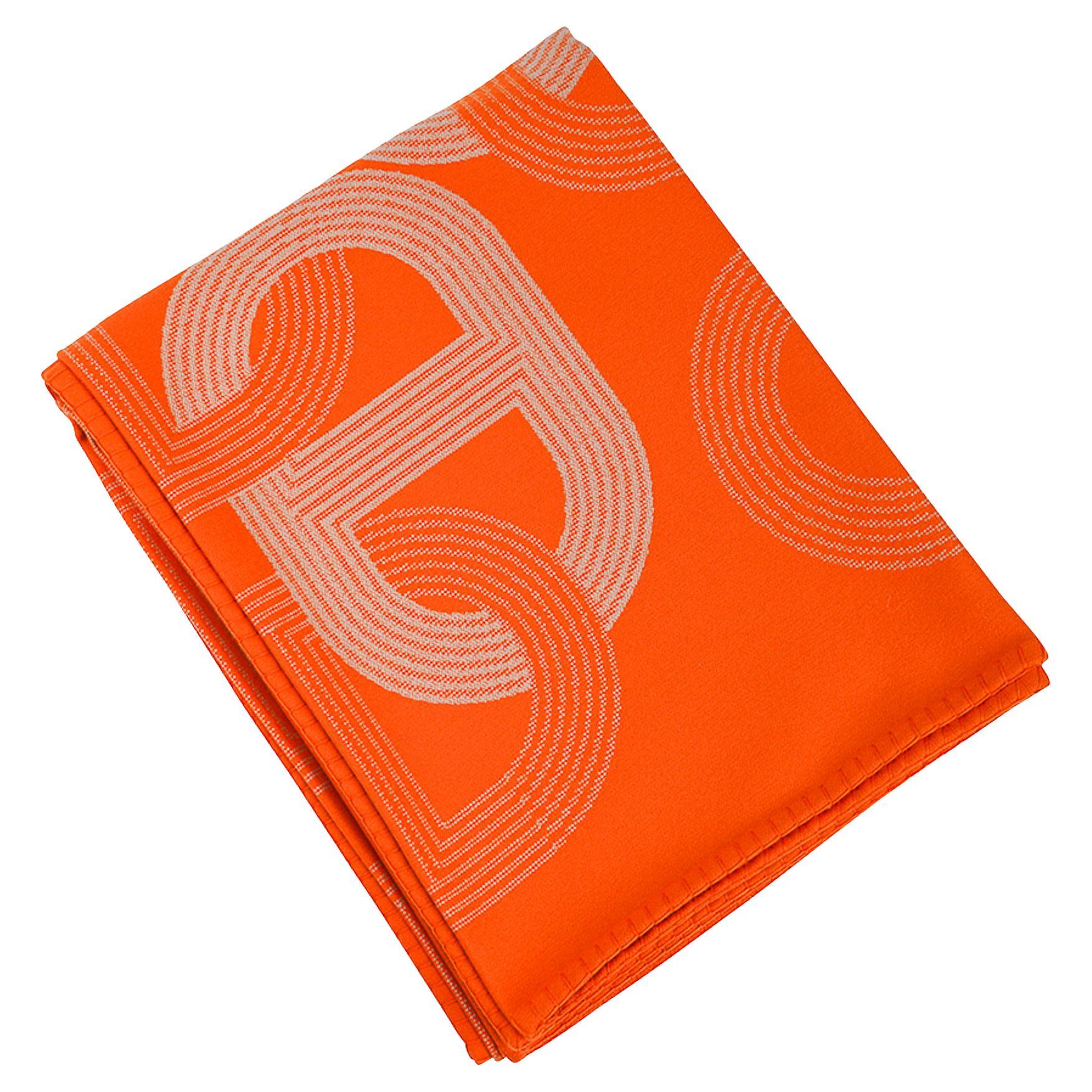Hermes Circuit 24 Blanket Orange / Blanc Marino Wool New