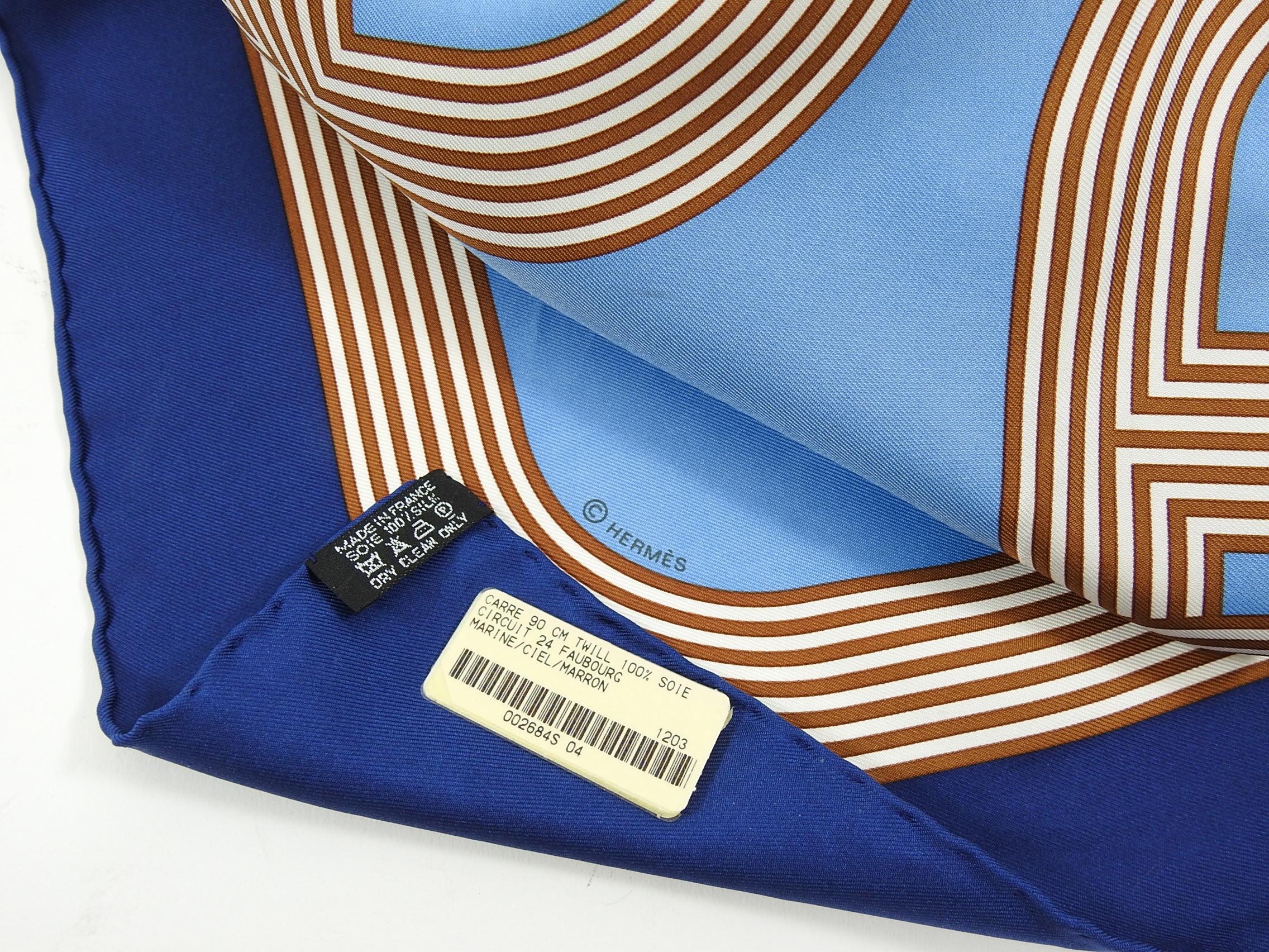 Hermes Circuit 24 Faubourg Silk Twill 90cm Scarf in Box In Excellent Condition In Toronto, ON