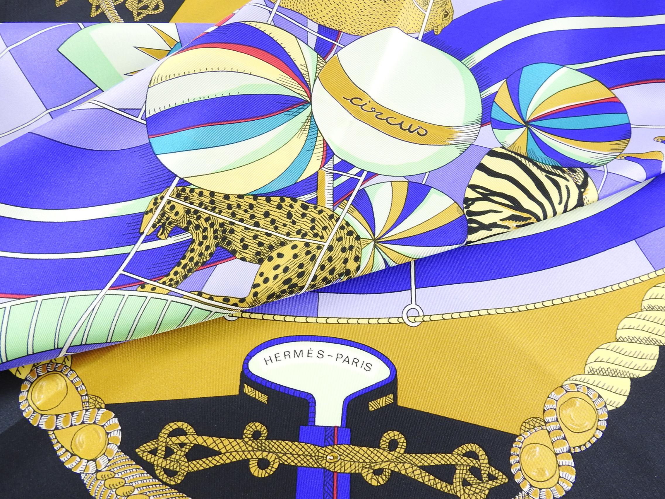 Hermes Circus Black and Purple 90cm Silk Scarf In Excellent Condition In Toronto, ON