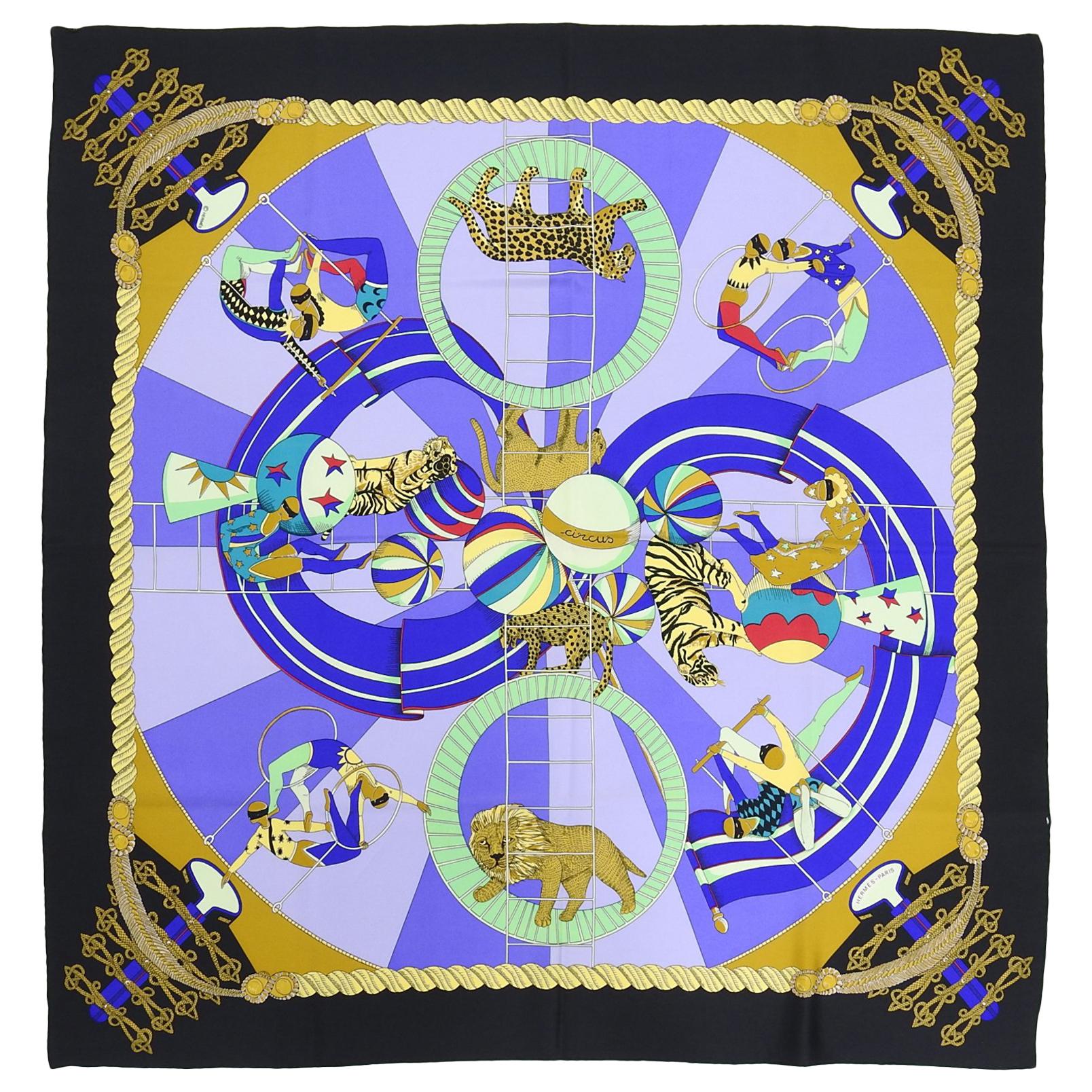 Hermes Circus Black and Purple 90cm Silk Scarf