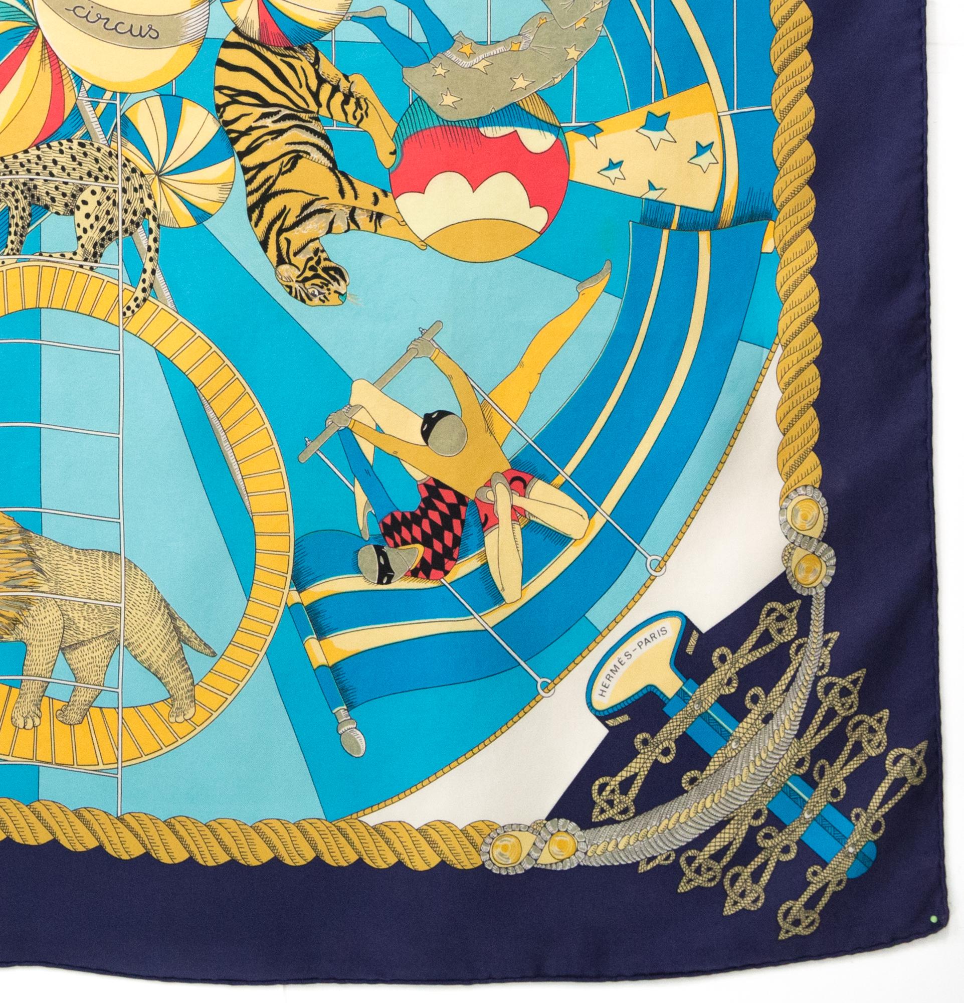Blue 1988 Hermes Circus by Annie Faivre Silk Scarf