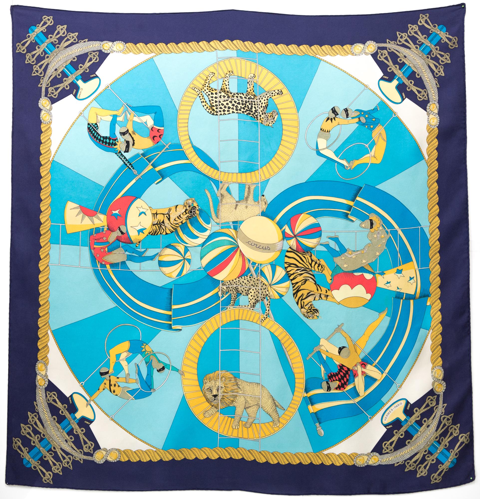 Women's or Men's 1988 Hermes Circus by Annie Faivre Silk Scarf For Sale