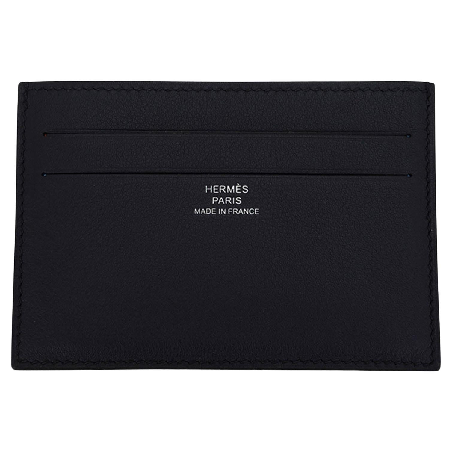 Hermes Citizen Twill Card Holder Black with Polka Dot Printed Silk Lining For Sale
