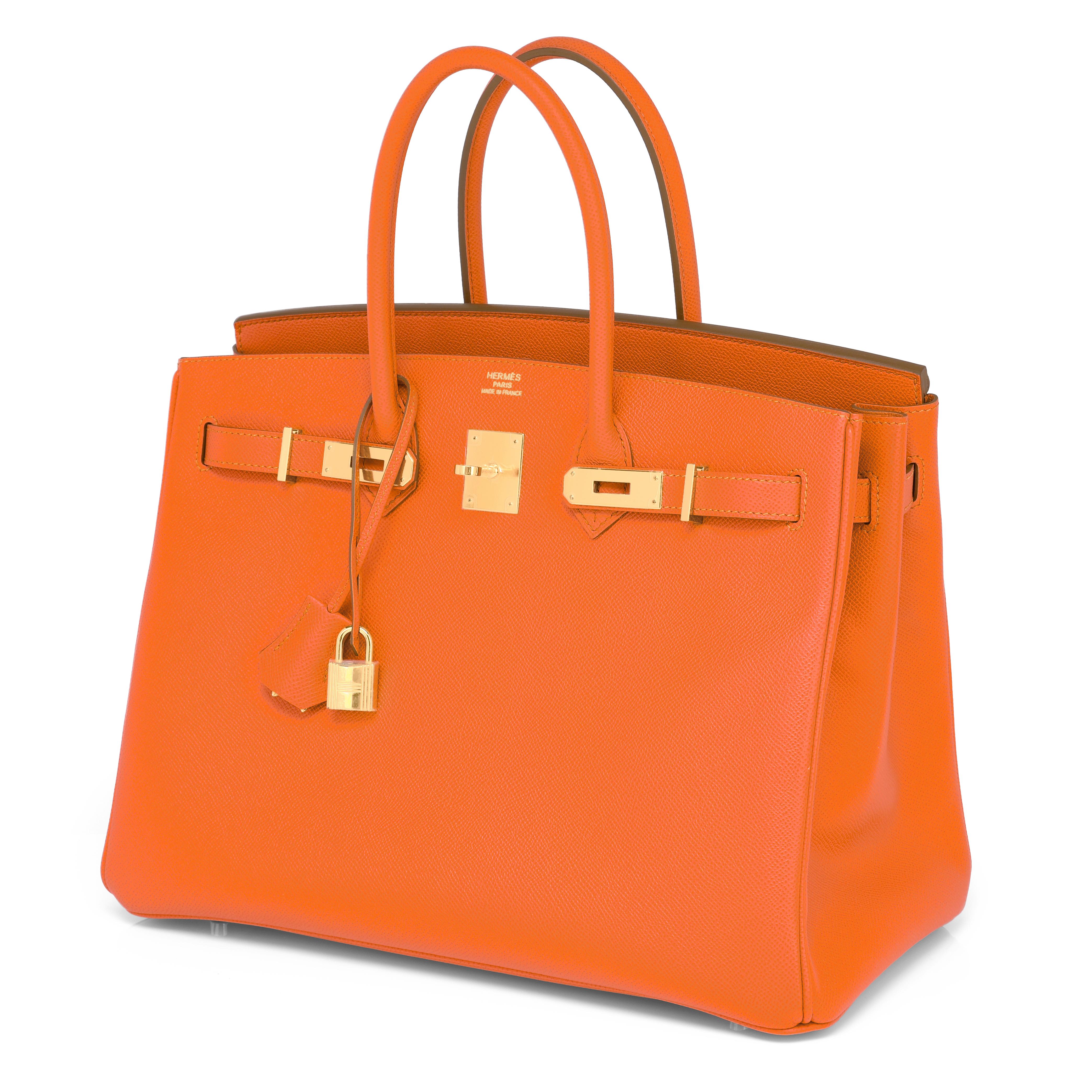 Guranteed Authentic Hermes Classic Orange Epsom Gold Hardware Birkin 35cm Bag
Extremely rare find in New or Never Worn condition (with plastic on hardware). 
Perfect gift!  Comes in full set with lock, keys, clochette, sleeper, raincoat, and Hermes