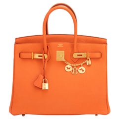 Vintage Hermes Classic Orange Togo Gold Hardware Birkin 35cm Bag