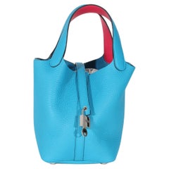 Hermès Clemence Bleu Frida Rose Mexico Eclat Picotin Lock 18 PM PHW