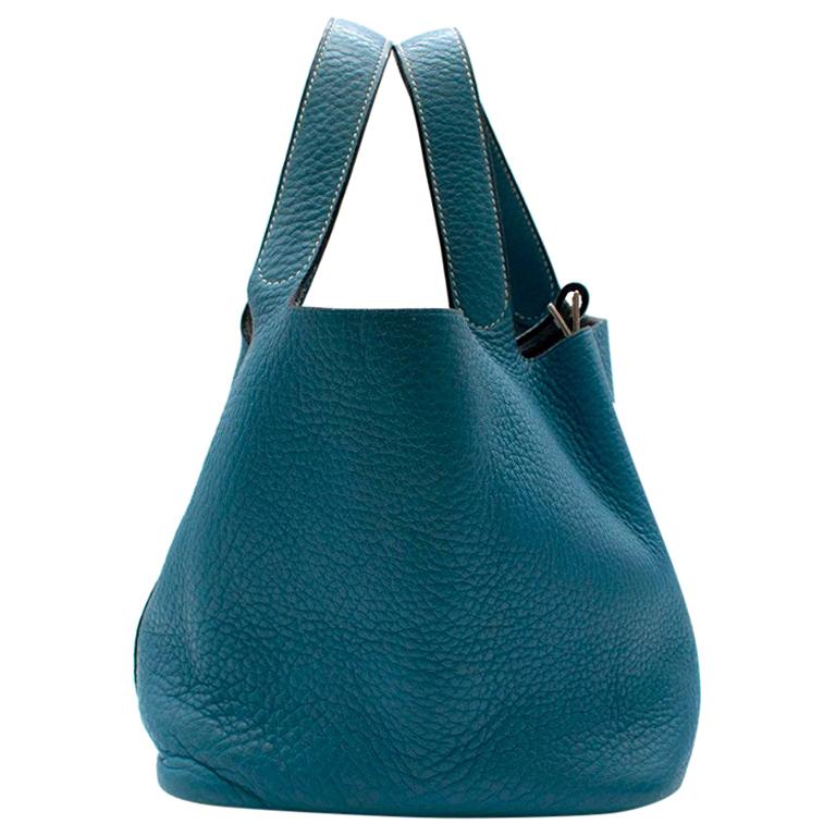 Hermes Clemence Leather Blue Jean Picotin 18 Bag For Sale