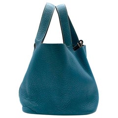 Hermes Clemence Leather Blue Jean Picotin 18 Bag
