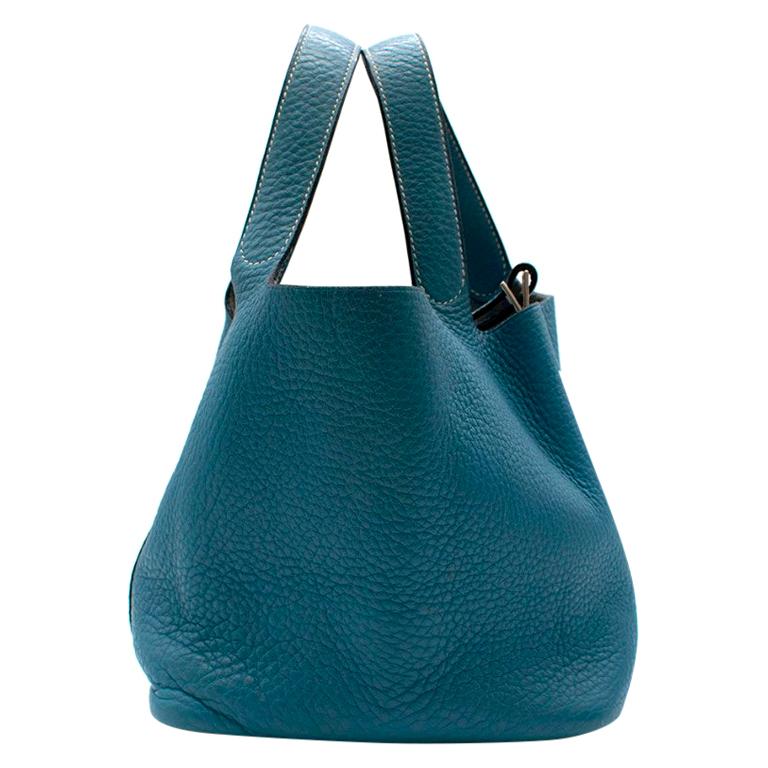 Hermes Clemence Leather Blue Jean Picotin 18 Bag For Sale