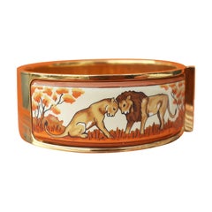 Vintage Hermès Clic Clac Bracelet Enamel Lions and Lionesses in Savannah GHW Size GM