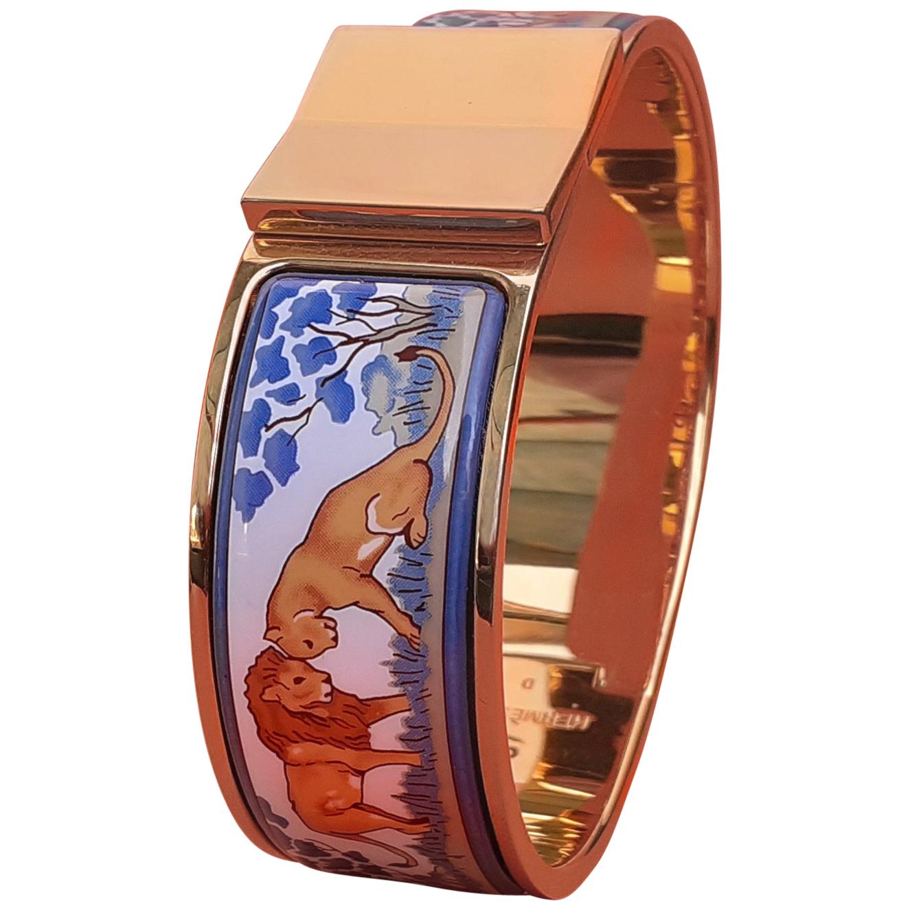Hermès Clic Clac Bracelet Lions and Lionesses in Savannah Enamel Gold Plated GM