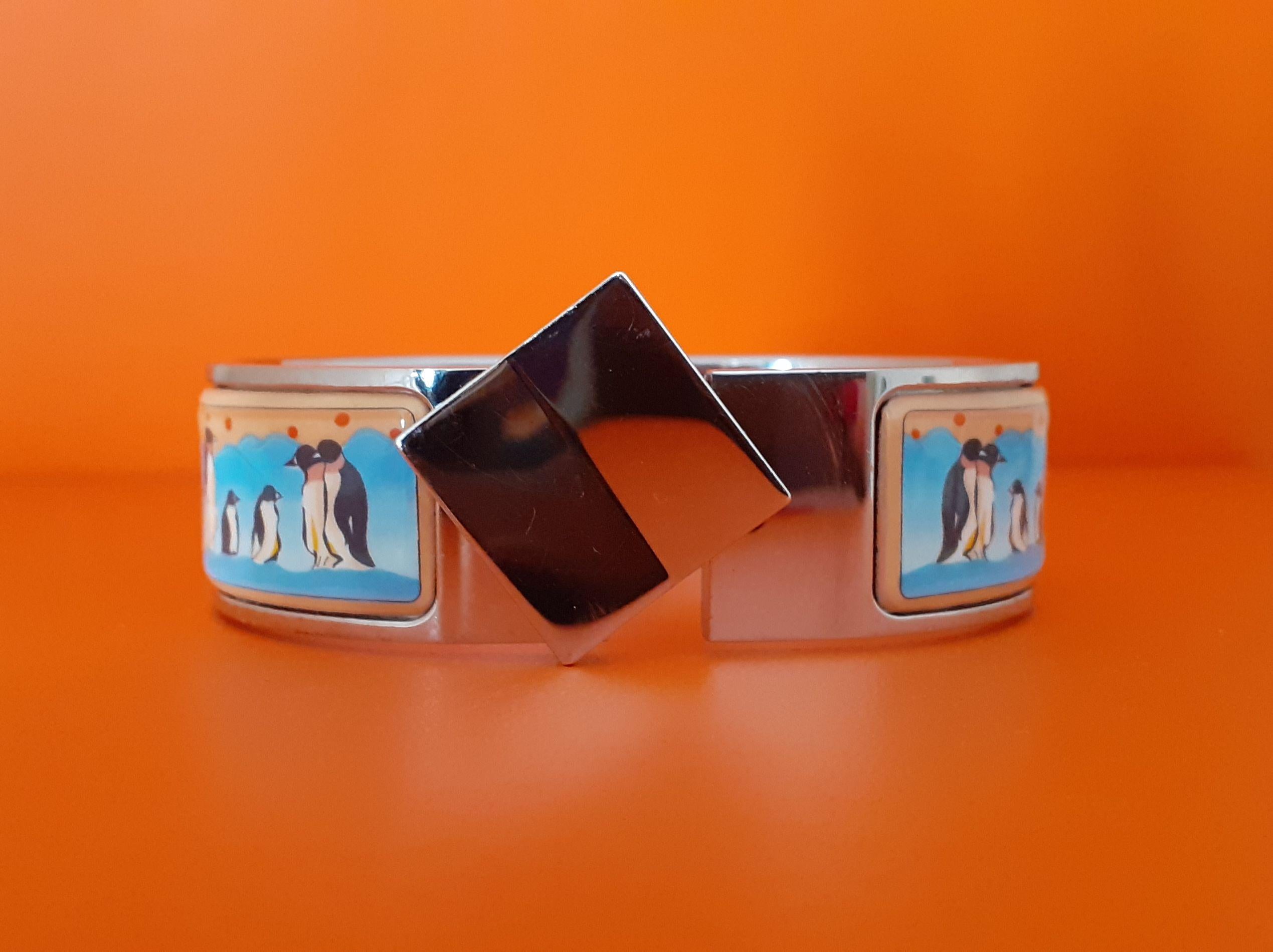 Hermès Clic Clac Enamel Printed Bracelet Penguins on Pack Ice Phw GM 6