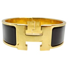 Hermes Clic Clac H Black Enamel Gold Plated Bracelet 