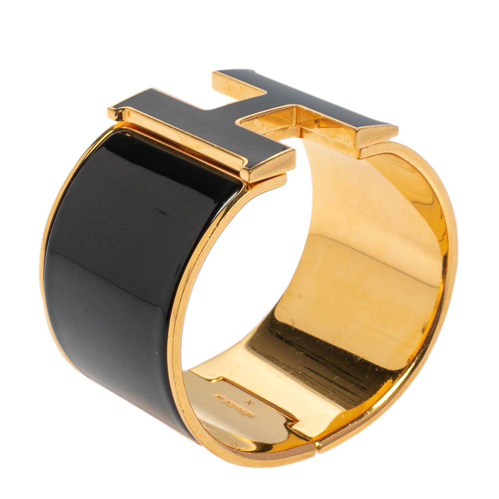Women's Hermès Clic Clac H Black Enamel Gold Plated Extra Wide Bracelet PM